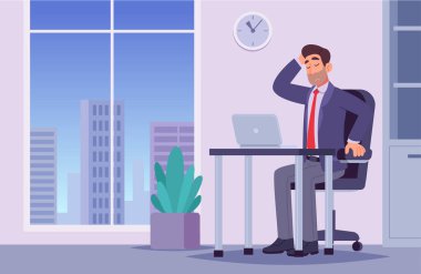 Kafası karışmış takım elbiseli işadamının ofis masasında dizüstü bilgisayarla otururken kafa karışıklığı ve belirsizlik gösteren modern düz tasarım çizimi. Pencerelerden şehrin ufuk çizgisi görünümü. 