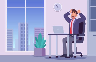 Ofis masasında dizüstü bilgisayarla stres ve hüsranı gösteren takım elbiseli işadamının modern düz tasarım çizimi. Pencereden şehir manzarası. İş stresi, tükenme ve işyeri baskısı kavramları için mükemmel..