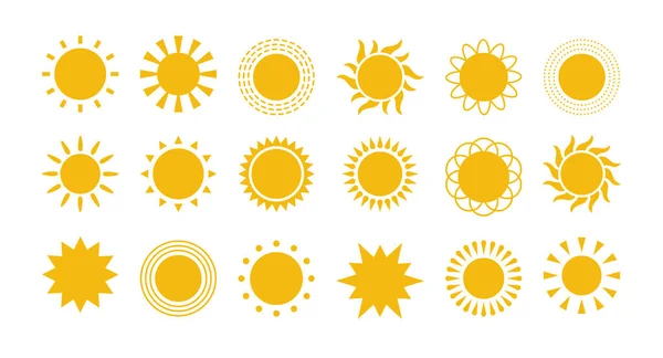 Żółte Płaskie Słońce Ikonami Promieni Różnych Wzorach Ikony Sylwetki Słońca — Wektor stockowy