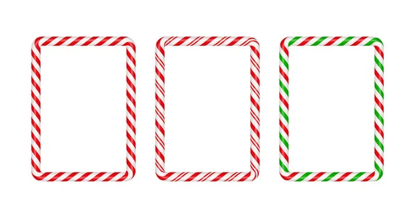 圣诞糖果正方形框架 上面有红色 绿色和白色条纹 圣诞节与条纹糖棒棒糖图案交界 圣诞节和新年的模板 在白色背景上孤立的向量图 — 图库矢量图片