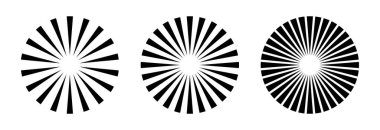 Radyal çember çizgileri. Dairesel yayılan çizgiler geometrik element. Güneş ışığı sembolü. Soyut geometrik şekiller. Tasarım elemanı. Vektör illüstrasyonu beyaz arkaplanda izole edildi.