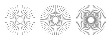 Radyal çember çizgileri. Dairesel yayılan çizgiler geometrik element. Güneş ışığı sembolü. Soyut geometrik şekiller. Tasarım elemanı. Vektör illüstrasyonu beyaz arkaplanda izole edildi.