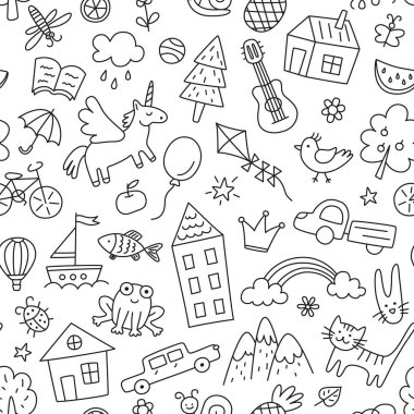 Çocuklar kusursuz desenler çizer. Çocuklar doku karalarlar. El çizimi şirin ev, kedi, kurbağa, tek boynuzlu at. Bebek kusursuz desen. Düzenlenebilir felç. Beyaz arkaplanda vektör illüstrasyonu.