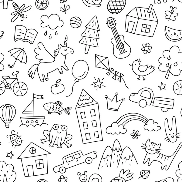 Kinderen Tekeningen Naadloos Patroon Kinderen Doodle Textuur Met Hand Getekend — Stockvector