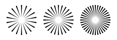 Radyal çember çizgileri. Dairesel yayılan çizgiler geometrik element. Güneş ışığı sembolü. Soyut geometrik şekiller. Tasarım elemanı. Vektör illüstrasyonu beyaz arkaplanda izole edildi.