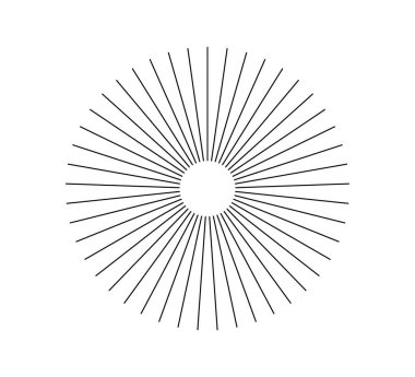 Radyal çember çizgileri. Dairesel yayılan çizgiler geometrik element. Güneş ışığı sembolü. Soyut geometrik şekiller. Tasarım elemanı. Vektör illüstrasyonu beyaz arkaplanda izole edildi.