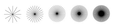 Radyal çember çizgileri. Dairesel yayılan çizgiler geometrik element. Güneş ışığı sembolü. Soyut geometrik şekiller. Tasarım elemanı. Vektör illüstrasyonu beyaz arkaplanda izole edildi.