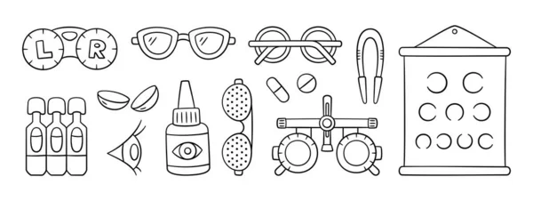 Augenheilkunde Optometrie Handgezeichnetes Symbolset Sehtest Diagramm Kontaktlinsen Tropfen Und Brille — Stockvektor