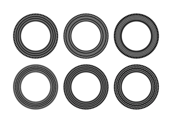 自動タイヤトレッドサークルフレームセット 車やオートバイのタイヤパターン ホイールタイヤトレッドトラックプリント 黒いタイヤの境界線 白を基調としたベクトルイラスト — ストックベクタ