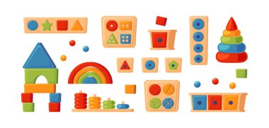 Montessori eğitim mantık oyuncakları. Çocuklar anaokulu çocukları için tahta oyuncaklar. Erken çocukluk gelişimi için Montessori sistemi. Renkli ayırıcılar. Beyaz arkaplanda vektör çizimleri kümesi.