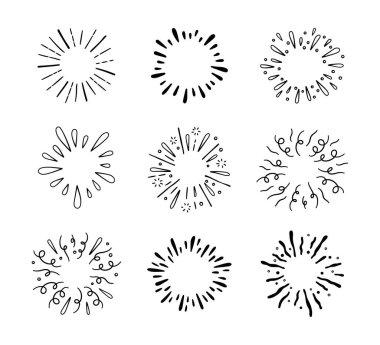El yapımı havai fişekler. Yıldız patlaması. Güneş patlaması karalama simgesi. El çizimi patlama çerçevesi. Radyal çizgiler oluşturulmuş ışıltılar. Patlama vintage efektleri. Vektör illüstrasyonu beyaz arkaplanda izole edildi.