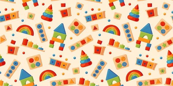 Children Wooden Toys Montessori Games Baby Seamless Pattern Education Logic — Stock vektor