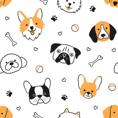 Köpekler, farklı türlerin yüzlerine sahip kusursuz desenler. Corgi, Beagle, Chihuahua, Fino. Köpek kafalı doku. Beyaz arkaplanda karalama biçiminde el çizimi vektör çizimi