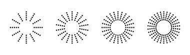 Nokta radyal çember çizgileri. Dairesel yayılan hız geometrik çizgileri. Güneş ışığı sembolü. Soyut yarım ton çizgili tasarım öğesi. Hareket çizgileri. Vektör illüstrasyonu beyaz arkaplanda izole edildi.