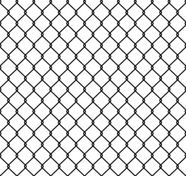 Çelik tel zincir çitin dikişsiz deseni. Eşkenar dörtgenli metal kafes, elmas şekilli siluet. Şebeke çitleri. Hapishane teli dikişsiz doku. Beyaz arkaplanda vektör illüstrasyonu.