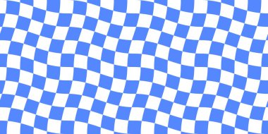 Harika psikedelik dalgalı satranç tahtası kusursuz desen. Hippi kıvrımlı gingham dama tahtası geçmişi. Checker retro saykodelik kusursuz doku. Vektör illüstrasyonu beyaz arkaplanda izole edildi.