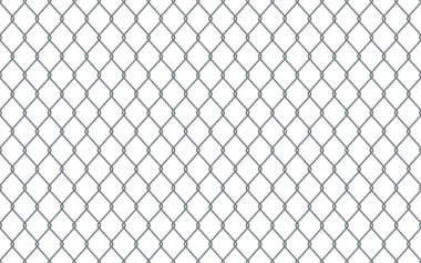 Çelik tel zincir çitin dikişsiz deseni. Eşkenar dörtgenli metal kafes, elmas şekilli siluet. Şebeke çitleri. Hapishane teli dikişsiz doku. Beyaz arkaplanda vektör illüstrasyonu.