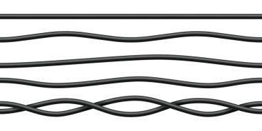 Realistic electrical wires. Cable power energy. Flexible thick network cord. Black electric computer connection wires. Seamless line cable. Vector illustration on white background.