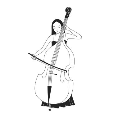 Young woman playing contrabass. Female contrabass artist. Elegant young girl and classical orchestral musical instrument. Classical musician. Vector illustration isolated on white background.