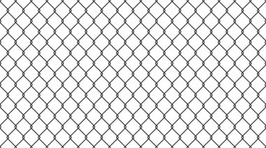 Çelik tel zincir çitin dikişsiz deseni. Eşkenar dörtgenli metal kafes, elmas şekilli siluet. Şebeke çitleri. Hapishane teli dikişsiz doku. Beyaz arkaplanda vektör illüstrasyonu.