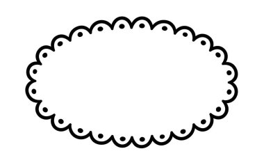 Doodle oval scalloped frame. Hand drawn scalloped edge ellipse shape. Simple circle label form. Flower silhouette lace frame. Vector illustration isolated on white background.