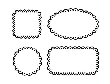 Doodle circle and square scalloped frames. Hand drawn scalloped edge rectangle and ellipse shapes. Simple label form. Flower silhouette lace frame. Vector illustration isolated on white background.