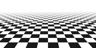 Chess perspective floor background. Black and white chessboard perspective floor texture. Checker board pattern surface. Fading away vanishing checkerboard background. Abstract vector illustration.