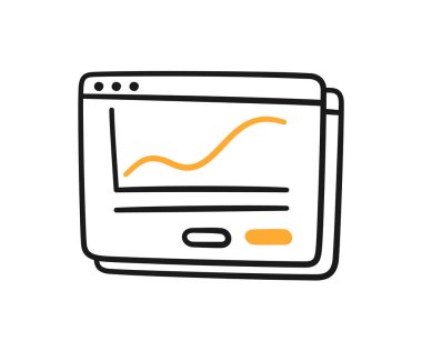 Computer window with a growing graph. Hand drawn finance data graph. Doodle vector illustration on white background.