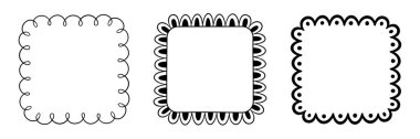 Doodle square scalloped frame. Hand drawn scalloped edge rectangle shape. Simple square label form. Flower silhouette lace frame. Vector illustration isolated on white background.