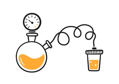 Science laboratory experiment. Lab chemistry test. Hand drawn chemical processes. Doodle vector illustration with lab glass flask, pipleline on white background.