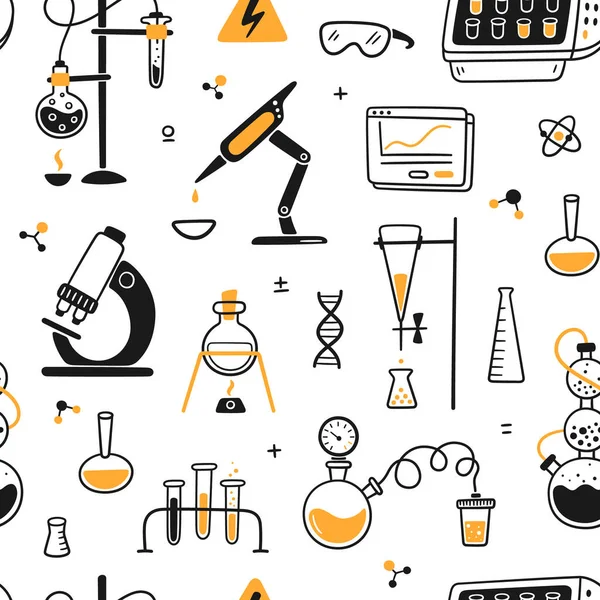 Science Biology Chemical Experiment Lab Seamless Pattern Chemical Laboratory Equipment — 스톡 벡터