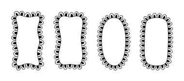 Karalamalı dikdörtgen ve oval taraklı çerçeveler. Elle çizilmiş kenar dikdörtgen ve elips şekilleri. Basit etiket formu. Çiçekli siluet dantel çerçeve. Vektör illüstrasyonu beyaz arkaplanda izole edildi.