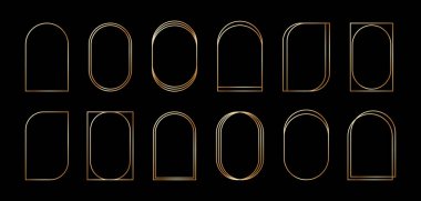 Sanat deco tarzında altın geometrik çerçeveler. Düğün davetiyesi için lüks altın sınırlar. Davetiye dekorasyonu için ince oval kemer ayarlandı. Vektör illüstrasyonu siyah arkaplanda izole edildi.