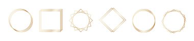 Sanat deco tarzında altın geometrik çerçeveler. Düğün davetiyesi için lüks altın sınırlar. Davetiye dekorasyonu için ince çizgi oval ve kare seti. Vektör illüstrasyonu beyaz arkaplanda izole edildi.