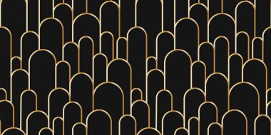 Boho kemeri pürüzsüz desen. Geometrik sanat deco basit arkaplan. Doğrusal tarzda altın dairesel kavis. Kusursuz soyut modern geometrik desen. Siyah arkaplanda vektör illüstrasyonu.