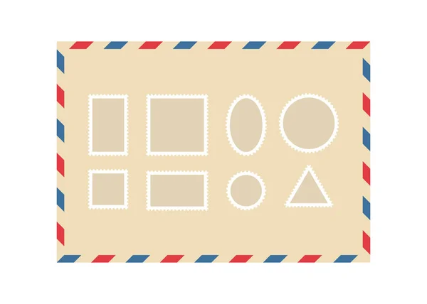 青と赤のストライプと切手と航空便の封筒フレーム 国際ヴィンテージ文字の国境 レトロな航空便のポストカード 空の封筒だ 白を基調としたベクトルイラスト — ストックベクタ