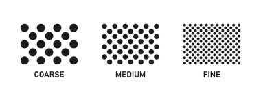 Kahve taneleri öğütülmüş. Kahve çekirdekleri. İyi, orta, kaba öğütme derecesi simgeleri. Vektör illüstrasyonu beyaz arkaplanda izole edildi.