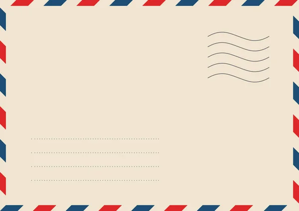 切手付きの航空便の封筒フレーム 斜めの青と赤のストライプとヴィンテージの航空便のポストカードバックテンプレート トラベルポストカード裏面 紙背景に独立したベクターイラスト — ストックベクタ