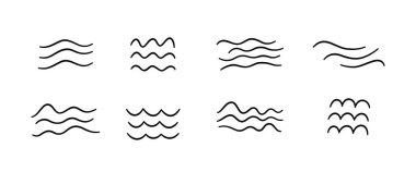 Deniz dalgası simgelerini karala. El çizimi basit dalgalı çizgiler. Deniz fırtınası karalama simgeleri ayarlandı. Okyanus suyu eğrisi çizimi. Aqua doodle sembolleri. Vektör illüstrasyonu beyaz arkaplanda izole edildi.