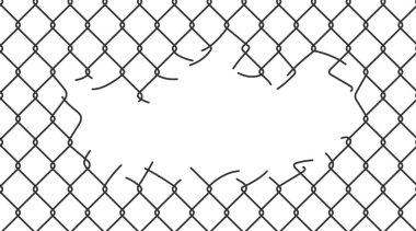 Kırık tel örgüler. Rabitz ya da kesik delikli tel örgüler. Yırtık tel pirson ağı dokusu. Metal kafes ızgarasını kes. Vektör illüstrasyonu beyaz arkaplanda izole edildi.