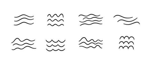 Gekritzelte Meereswellen Ikonen Von Hand Gezeichnete Einfache Wellenlinien Seesturm Kritzelsymbole — Stockvektor