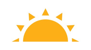 Düz sarı güneş ikonu. Günbatımı basit grafik sembolü. Yaz sıcağı ikonu. Yarım yuvarlak güneş elementi. Vektör illüstrasyonu beyaz arkaplanda izole edildi.