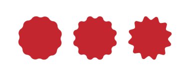 Dalgalı kenar çember etiketi. Yıldız patlaması etiketleri fiyatına. Boş satış etiketi. Boş promosyon rozeti. Basit kırmızı balmumu mühür. Vektör illüstrasyonları beyaz arkaplanda izole edildi.