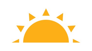 Düz sarı güneş ikonu. Günbatımı basit grafik sembolü. Yaz sıcağı ikonu. Yarım yuvarlak güneş elementi. Vektör illüstrasyonu beyaz arkaplanda izole edildi.