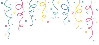 Doodle konfeti ve flamalar asıyor. Elle çizilmiş kutlama afişi ve düşen konfeti. Kek partisi havai fişek yan dokusu. Çocukça biçimde beyaz arkaplan üzerine vektör illüstrasyonu.