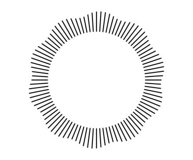 Radyal dalga ses hatları. Dairesel çerçeve. Ses çemberi halkası. Dalgalı rota çerçevesi. Radyal güneş ışınları sembolü. Dalgalı geometrik siluet. Soyut tasarım öğesi. Beyaz arkaplanda vektör illüstrasyonu.
