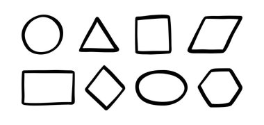 Temel geometrik şekiller ayarlandı. El çizimi matematik figürleri koleksiyonu. Tatlı çember, kare ve üçgen. Öğrenme oyunları için çocuk çizimi. Vektör illüstrasyonu beyaz arkaplanda izole edildi.