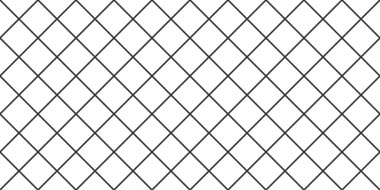 Çapraz çapraz şebeke bağlantısız desen. Geometrik elmas dokusu. Beyaz arka planda siyah çapraz çizgi örgüsü. Minimum örtülü kumaş. Metalik tel örgüler. Vektör illüstrasyonu.