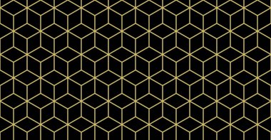 İzometrik küp ızgarası dikişsiz desen. Altın çizgi izometrik ızgara. Kübik altıgen dokusu. Rhombus 'un ağ geçmişi. Geometrik kare desen. Siyah arkaplanda vektör illüstrasyonu.