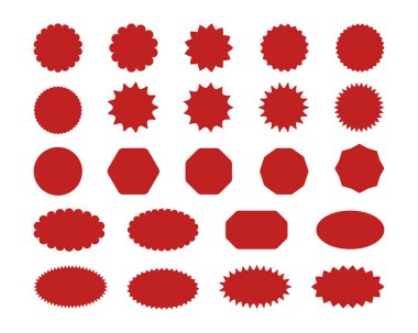 Yıldız çıkartması iste. Yıldız patlaması rozet etiketi. Kenarında deniz tarağı olan promosyon etiketi simgesi. Dalgalı satış çemberleri ve elips mühür pulları. Vektör illüstrasyonu beyaz arkaplanda izole edildi.